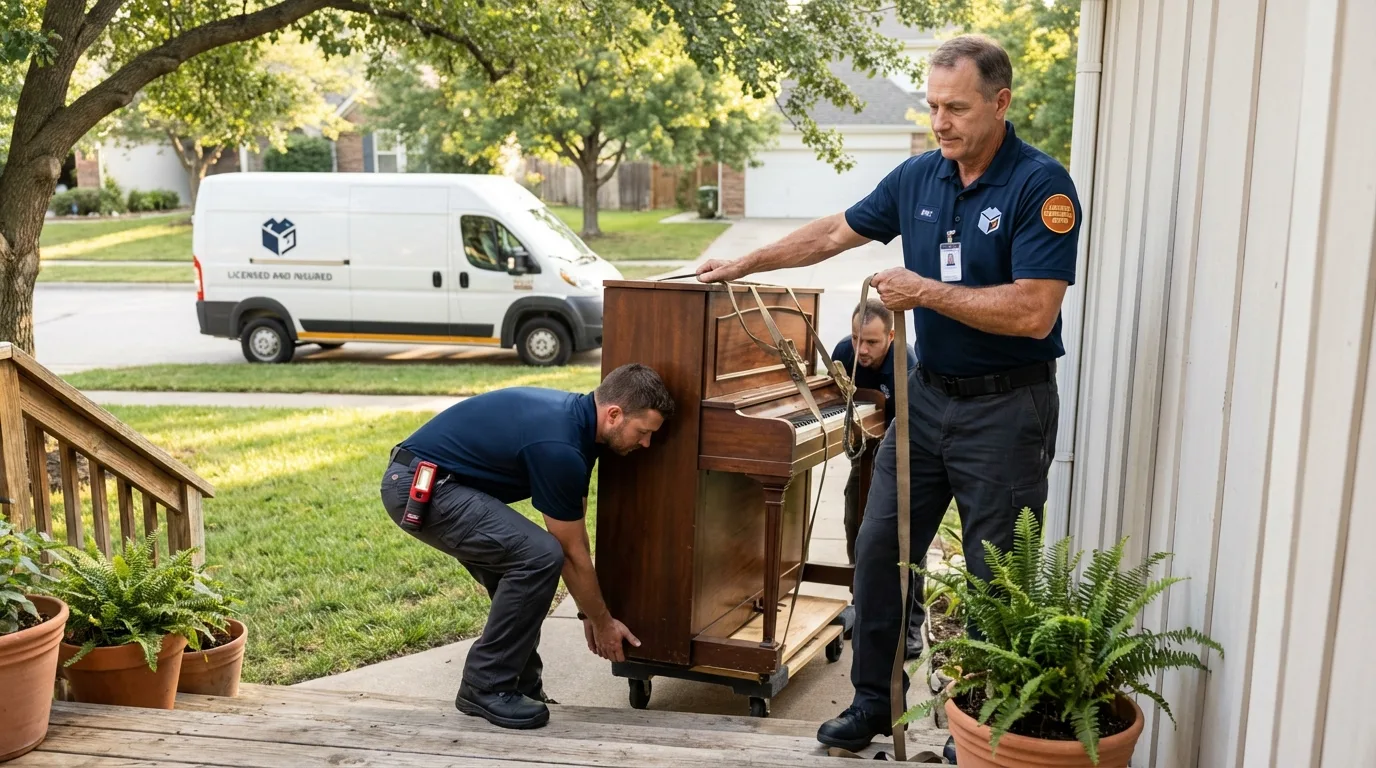 Licensed piano movers securing grand piano in East Palestine, OH
