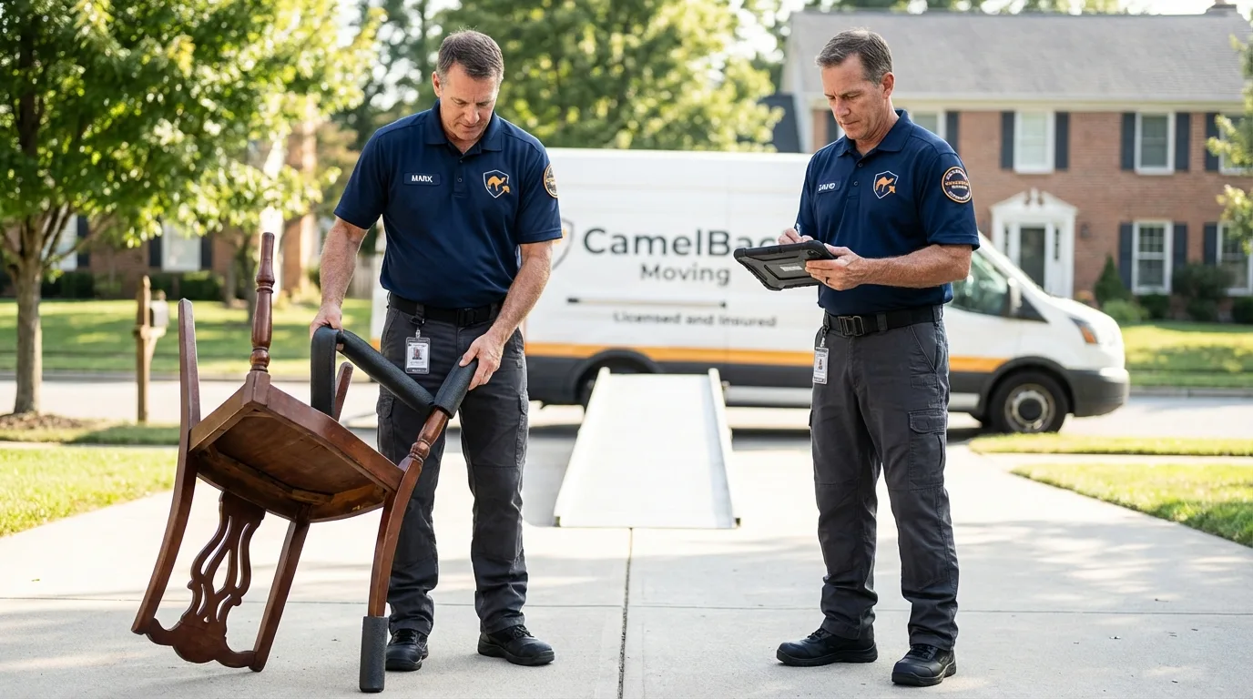 Movers inspecting furniture for damage prevention before loading in East Palestine, OH