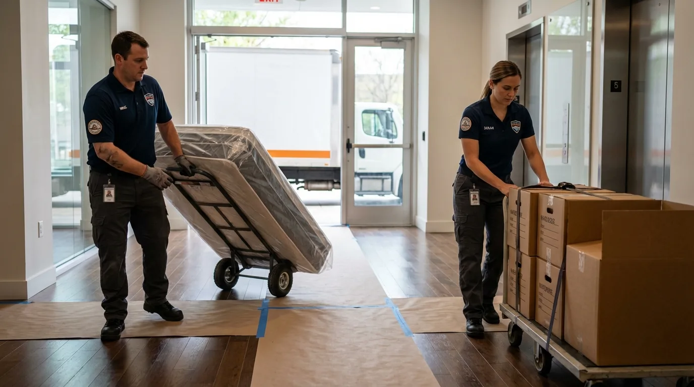 Professional apartment movers loading elevator in East Palestine, OH