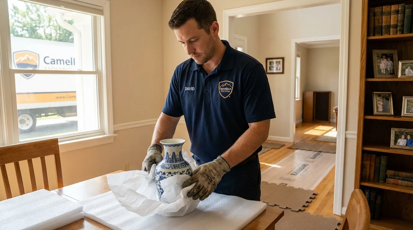 Professional crew carefully wrapping antique vase for senior downsizing move in East Palestine, OH