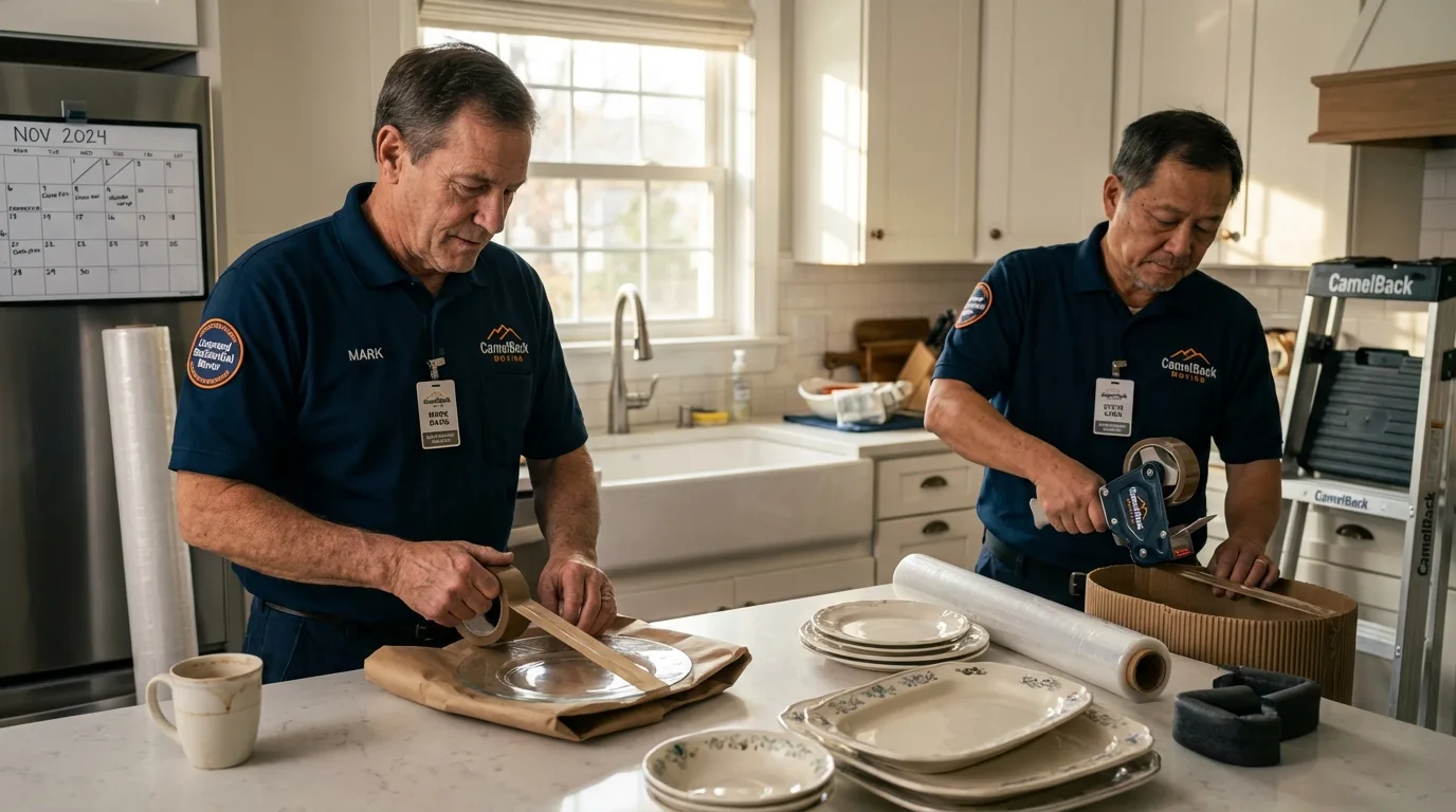 Professional crew packing kitchen dishware in East Palestine, OH